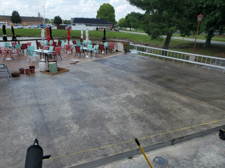 Large, stamped concrete patio for restaurant outdoor seating area