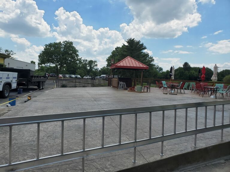 Large, stamped concrete patio for restaurant outdoor seating area